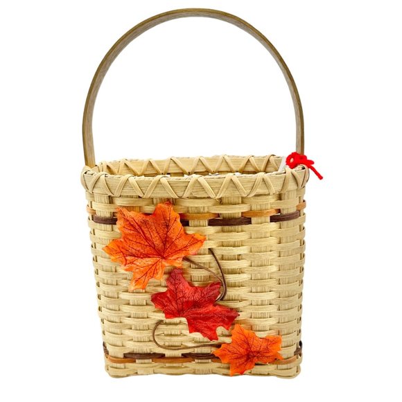 Handmade Basket Falling Leaves Oval Shaped with Handle and Leaves Decoration - Picture 1 of 16
